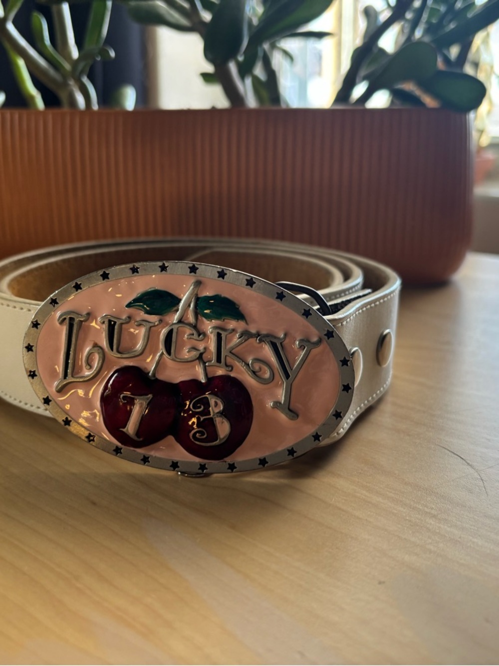 Lucky 13 Pink Cherry Buckle with White Leather Belt